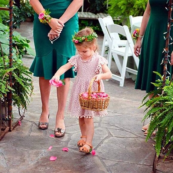 🆕Toddler Girls Pink Cotton Lace Floral Pompoms Elegant Retro Swing Party Dress - Picture 8 of 9